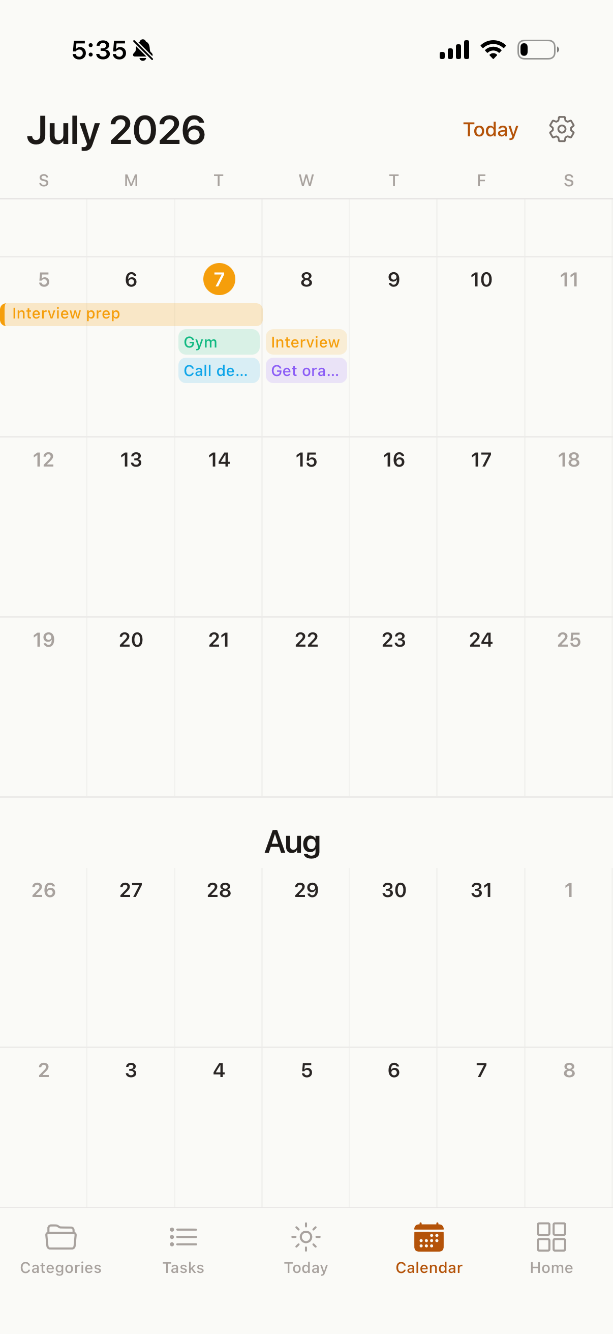 Month calendar with color-coded tasks