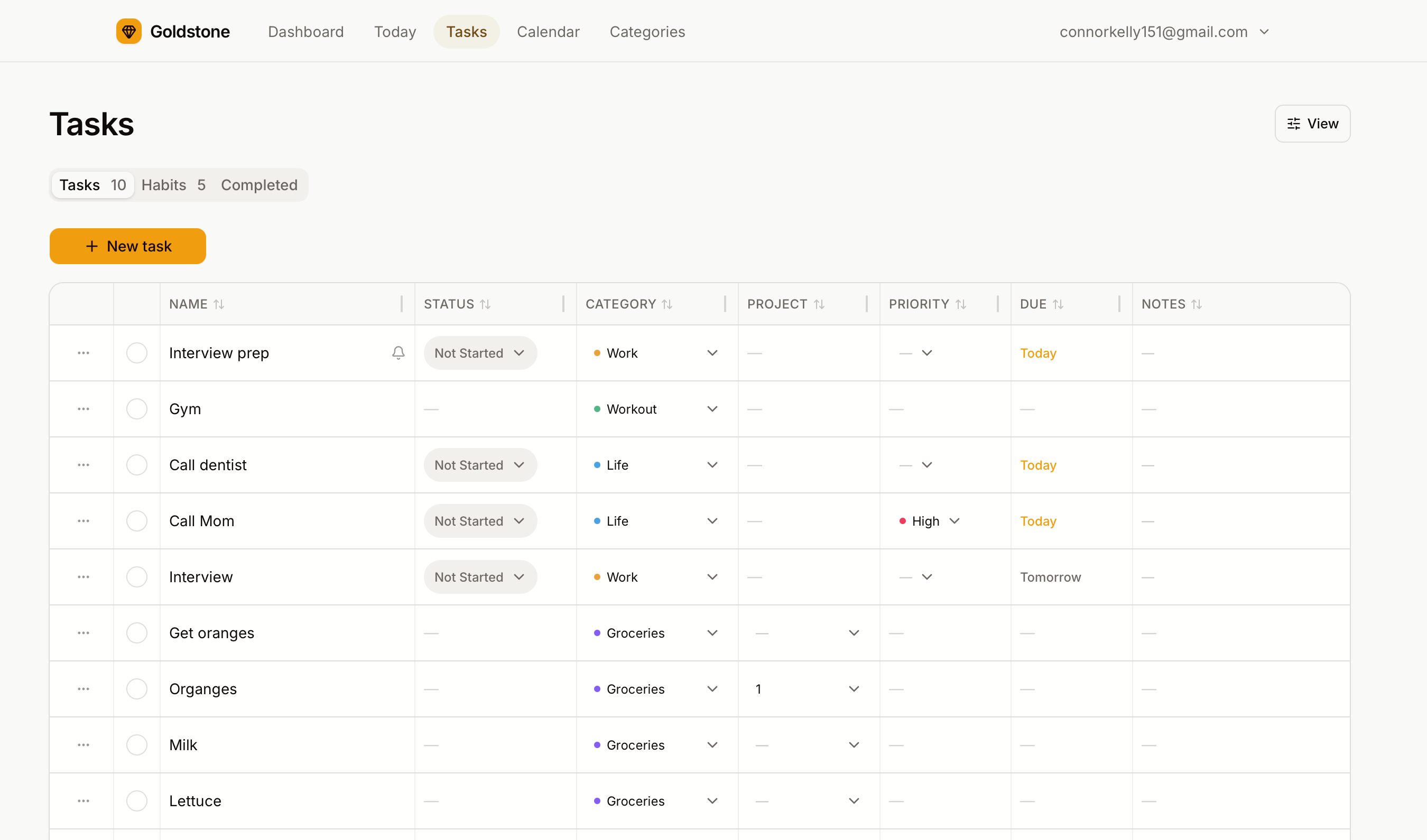 Tend's Tasks table on the desktop web app