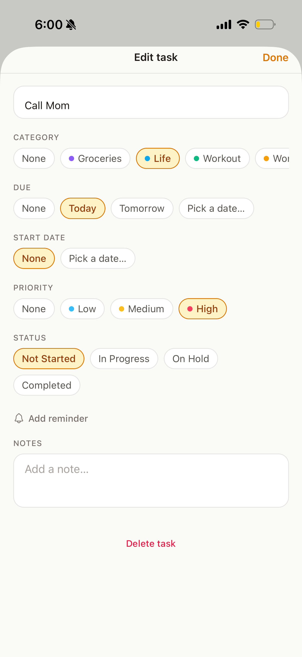 Editing a task: category, due date, priority, status, and notes