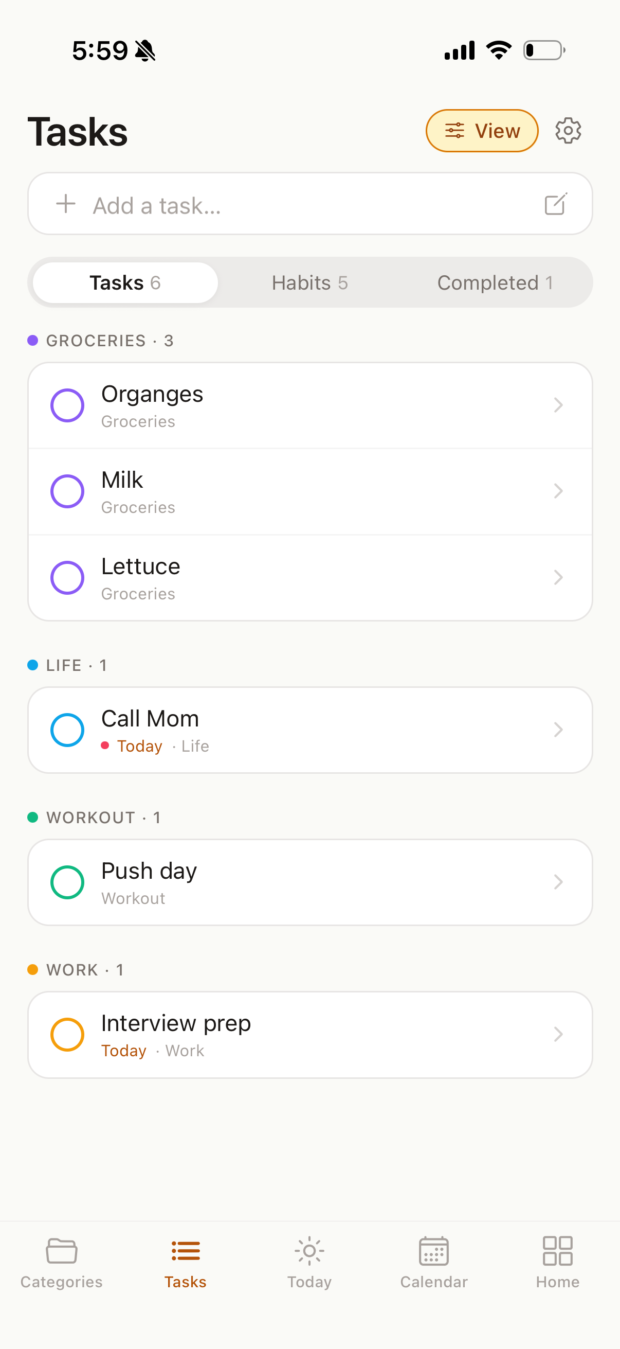 Your tasks, grouped by category